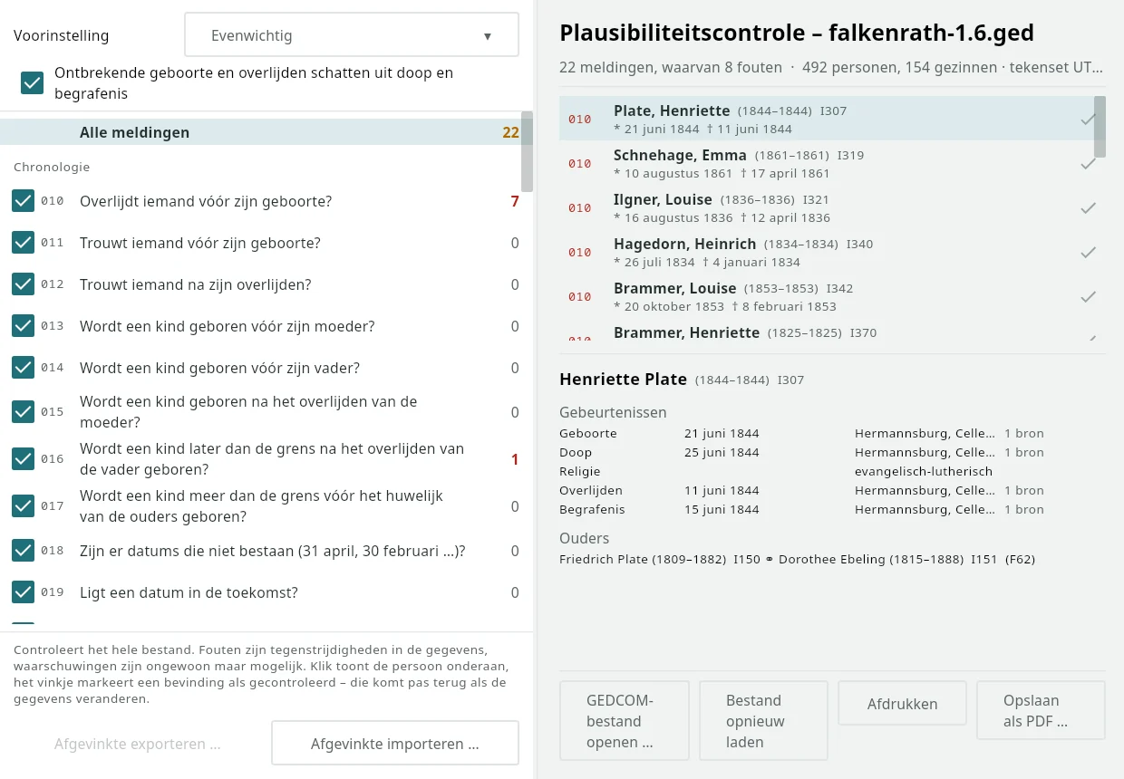 gedaudit controleert de demo-stamboom Falkenrath: links de regels, rechts 22 bevindingen, onderaan de gekozen persoon